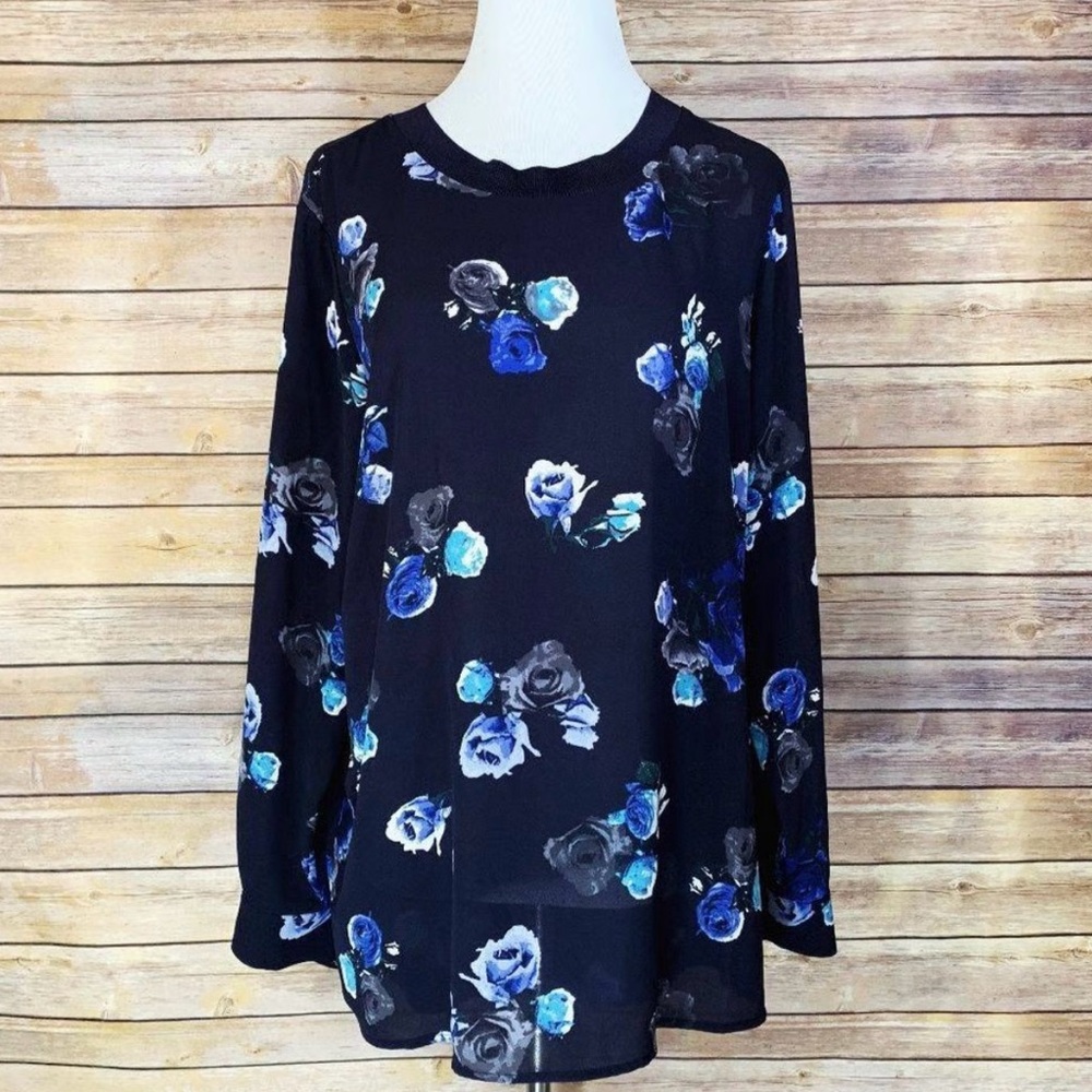 THAKOON Women's M Tunic Top Designer Navy Blue Floral Long Sleeve Chiffon